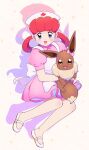  1girl :d apron blush commentary dress eevee eyelashes hair_rings happy hat heart holding holding_pokemon joy_(pokemon) long_hair nurse nurse_cap open_mouth pink_dress pokemon pokemon_(anime) pokemon_(creature) shoes short_sleeves smile white_apron white_footwear white_headwear yajuuraku 