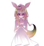  1girl absurdres alternate_costume alternate_hairstyle animal_ear_fluff animal_ears bare_shoulders black_hair blonde_hair blue_nails blush braid breasts closed_mouth collarbone cowboy_shot dress fox_ears fox_girl fox_tail hair_over_shoulder heart heart-shaped_pupils highres hololive ichijo_rei interlocked_fingers medium_breasts medium_hair multicolored_hair nail_polish official_art omaru_polka own_hands_together pink_hair sidelocks simple_background sleeveless sleeveless_dress solo spaghetti_strap streaked_hair symbol-shaped_pupils tail twin_braids twintails virtual_youtuber white_background white_dress 