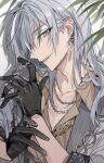  1boy bishounen black_gloves brown_shirt earrings facing_to_the_side formal gloves grey_eyes grey_hair grey_jacket highres idolish7 jacket jewelry long_hair looking_at_viewer male_focus mole mole_under_eye open_mouth ring shirt short_sleeves smile solo tamotui7 white_background yuki_(idolish7) 