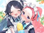  2girls :d ^_^ apron aris_(blue_archive) aris_(maid)_(blue_archive) black_dress black_hair blue_archive blue_bow blurry blurry_background blush bow closed_eyes closed_mouth collared_dress commentary_request day depth_of_field dress forehead frilled_apron frills hair_bow highres long_hair maid maid_apron maid_headdress masshirokachi multiple_girls outdoors parted_bangs ponytail puffy_short_sleeves puffy_sleeves redhead short_sleeves smile swept_bangs very_long_hair violet_eyes white_apron yuzu_(blue_archive) yuzu_(maid)_(blue_archive) 