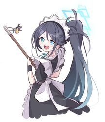  1girl :d absurdres aris_(blue_archive) aris_(maid)_(blue_archive) black_hair blue_archive blue_eyes broom from_behind halo highres holding holding_broom long_hair looking_at_viewer looking_back maid maid_headdress mmhomm official_alternate_costume open_mouth ponytail short_sleeves simple_background smile solo teeth upper_teeth_only very_long_hair white_background 