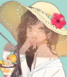  1girl bare_shoulders bracelet derivative_work e-razor flower food fruit hat highres ice_cream jewelry long_hair nail_polish orange_(fruit) orange_slice original ring shadow smile solo sun_hat 