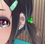  1girl black_hair close-up clover_hair_ornament commentary_request ear_piercing earrings grey_eyes hair_ornament hairclip industrial_piercing jewelry looking_at_viewer original outdoors piercing short_hair short_twintails sody solo twintails 