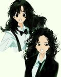  12anchovy 1girl black_bow black_bowtie black_eyes black_hair black_necktie black_suit bow bowtie collared_shirt formal highres long_hair looking_at_viewer messy_hair necktie official_alternate_costume open_mouth original shirt smile suit takeuchi_mariya upper_body variations white_shirt 