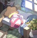  :o blanket blush blush_stickers book curtains kirby kirby_(series) light_rays mutekyan no_humans on_bed plant potted_plant sleeping star_(symbol) sunlight window 