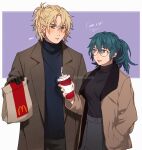  1boy 1girl alternate_costume bespectacled black_gloves black_sweater blonde_hair blue_eyes blue_hair blue_sweater blush breasts brown_coat byleth_(female)_(fire_emblem) byleth_(fire_emblem) casual coat cup dimitri_alexandre_blaiddyd disposable_cup earrings english_commentary english_text fire_emblem fire_emblem:_three_houses glasses gloves hair_between_eyes hand_in_pocket highres holding holding_cup jewelry long_sleeves mcdonald&#039;s medium_breasts neekosiah open_clothes open_coat parted_lips ponytail sweat sweater turtleneck turtleneck_sweater 