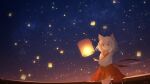  1girl animal_ears cat_ears cat_girl cat_tail chinese_commentary closed_mouth commentary_request highres japanese_clothes kimono lantern looking_at_viewer original outdoors paper_lantern red_eyes red_skirt rune_xiao scenery short_hair signature skirt sky smile solo star_(sky) starry_sky tail thigh-highs white_hair white_kimono white_thighhighs 