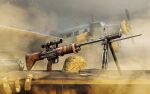  3d aircraft airplane alexander_yartsev ammunition battle_rifle bayonet bipod blurry blurry_background camouflage camouflage_headwear combat_helmet commentary dust english_commentary fg42 game_cg gas_mask_canister german_text grey_sky gun highres light_particles luftwaffe magazine_(weapon) motor_vehicle pouch propeller rifle rifle_cartridge scope sky still_life translated vehicle_request weapon weapon_focus weapon_name world_of_guns:_gun_disassembly world_war_ii 