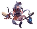  1girl ;d animal_ears apron black_apron black_gloves blue_eyes boots broom broom_riding double_fox_shadow_puppet dress fox_ears fox_girl fox_shadow_puppet fox_tail frilled_dress frills full_body gloves grey_hair halloween_costume hat highres hololive itone_114 lantern long_hair looking_at_viewer mini_hat mini_top_hat one_eye_closed open_mouth puffy_short_sleeves puffy_sleeves shirakami_fubuki short_sleeves smile sukonbu_(shirakami_fubuki) tail top_hat transparent_background witch 