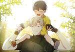  aged_down black_gloves black_shirt brown_hair closed_eyes collared_shirt gloves hands_on_another&#039;s_arms highres ilay_riegrow jeong_taeui looking_at_viewer male_child nature o_ssion open_mouth passion_(manhwa) red_footwear shirt sky smile socks sunlight white_hair white_sky white_socks yellow_shirt 