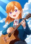  1girl absurdres birthday blue_jacket blue_sky blush clouds cloudy_sky collared_shirt commentary_request dress grey_dress guitar happy_birthday haruharo_(haruharo_7315) highres instrument jacket long_sleeves looking_at_viewer love_live! love_live!_superstar!! medium_hair music neck_ribbon open_mouth orange_hair pinafore_dress playing_instrument red_ribbon ribbon school_uniform shibuya_kanon shirt sky sleeveless sleeveless_dress smile solo sunlight swept_bangs teeth upper_body upper_teeth_only violet_eyes white_shirt yuigaoka_school_uniform 