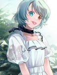  1girl alternate_costume black_choker blue_eyes blue_hair choker commentary dated heterochromia igetaon3 looking_at_viewer red_eyes see-through see-through_sleeves short_hair short_sleeves solo tatara_kogasa tongue tongue_out touhou twitter_username upper_body 
