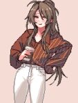  blush brown_background brown_hair casual coffee_cup cowboy_shot cup denim disposable_cup girls_frontline green_eyes hand_on_own_hip holding holding_cup jeans lee-enfield_(girls&#039;_frontline) long_hair long_sleeves pants pixel_art ponytail red_shirt shirt shirt_tucked_in simple_background smile very_long_hair white_pants yiricannon 