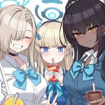  3girls :d ^_^ alternate_costume asuna_(blue_archive) black_choker black_hair blue_archive blue_bow blue_bowtie blue_eyes blue_nails bow bowtie braid choker closed_eyes collarbone collared_shirt commentary_request cup dark-skinned_female dark_skin disposable_cup drinking drinking_straw drinking_straw_in_mouth earrings grin hair_between_eyes hair_bow hair_over_one_eye hair_ribbon hairband halo holding holding_cup jewelry karin_(blue_archive) light_brown_hair long_hair long_sleeves looking_at_viewer multicolored_hair multiple_girls nail_polish o_(rakkasei) official_alternate_costume ribbon school_uniform shirt sidelocks simple_background single_braid smile streaked_hair toki_(blue_archive) two-tone_hair v white_background yellow_eyes 