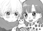  1boy 1girl aged_down blunt_bangs blush blush_stickers braid commentary commission diagonal_stripes female_child fingernails greyscale hair_behind_ear hair_between_eyes hair_ornament hatta_ayuko highres holding_snowman jacket long_sleeves looking_at_object male_child medium_hair mittens monochrome nose_blush ookami_shoujo_to_kuro_ouji open_mouth parted_hair parted_lips polka_dot sata_kyouya scarf shinohara_erika short_hair simple_background single_braid sketch smile snowman striped tareme teeth upper_body upper_teeth_only 