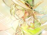  1boy blonde_hair braid caro_(granblue_fantasy) chain cloak collared_cloak crying crying_with_eyes_open cunonn from_side gradient_background granblue_fantasy green_background green_cloak green_eyes green_headwear hair_between_eyes hand_on_own_chest hat hat_ornament long_bangs long_hair looking_ahead male_focus parted_lips pointy_hat profile single_braid smile solo staff_(music) tears upper_body witch_hat 
