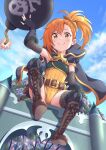  1girl absurdres arm_up armor armpits blush bomb boots cape closed_mouth detached_sleeves explosive fingerless_gloves giant giantess gloves highres looking_at_viewer medium_hair misogi_(princess_connect!) orange_hair princess_connect! smile smug solo tsukachii yellow_eyes 