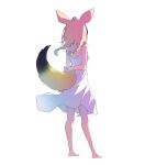  1girl absurdres alternate_costume alternate_hairstyle animal_ear_fluff animal_ears arms_behind_back bare_shoulders barefoot black_hair blonde_hair blue_nails blush braid dress epilogue_in_the_attic_(hololive) facing_away floating_hair fox_ears fox_girl fox_tail from_behind highres hololive ichijo_rei medium_hair multicolored_hair nail_polish official_art omaru_polka pink_hair simple_background sleeveless sleeveless_dress spaghetti_strap standing streaked_hair tachi-e tail twin_braids twintails virtual_youtuber white_background white_dress wind 