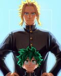  2boys black_jacket blonde_hair boku_no_hero_academia buttons closed_mouth commentary english_commentary freckles green_eyes green_hair hands_on_own_hips height_difference highres jacket long_sleeves looking_at_viewer looking_up male_focus midoriya_izuku multiple_boys parted_bangs portrait short_hair smile trevo_(trevoshere) upper_body yagi_toshinori 