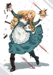  1girl apron arrow_(projectile) blonde_hair boots bow bowtie breasts brown_footwear bukimi_isan character_request check_copyright copyright_request dress drill_hair food full_body green_dress grin gun highres holding holding_gun holding_plate holding_weapon large_breasts leaning_to_the_side long_hair orange_bow orange_bowtie pancake pantyhose plate shy_(series) smile solo striped striped_pantyhose teeth twin_drills waist_apron weapon white_apron 
