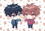  2boys black_hair blue_eyes blush chibi fist_bump floral_background given heart heart_background highres hood hoodie male_focus mi_muuuu motion_lines multiple_boys open_clothes open_mouth red_eyes red_footwear red_hoodie redhead satou_mafuyu uenoyama_ritsuka white_background 