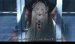  +_+ 1girl absurdres artist_name clothing_cutout collarbone commentary_request copyright_name door dress feet_out_of_frame flat_chest from_above frown gawako hair_ornament highres long_dress long_hair looking_at_viewer open_mouth original red_eyes solo stomach_cutout subtitled through_window twintails white_dress white_hair window 
