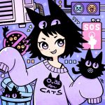  1girl :d animal animal_ears animal_print black_cat black_hair blush_stickers bright_pupils cat cat_ears cat_print clothes_writing commentary dot_mouth emoji extra_eyes fang garouma grin hands_up highres holding holding_animal holding_cat long_sleeves notice_lines original purple_background purple_sweater short_hair signature single_bare_shoulder sleeves_past_fingers sleeves_past_wrists smile solo sweater symbol-only_commentary trash_can upper_body violet_eyes white_pupils 