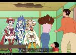  2boys blue_bodysuit blue_hair bodysuit crayon_shin-chan crossover gauntlets grey_hair hair_ornament headgear headphones highres kazanari_tsubasa kiraki multiple_boys multiple_girls nohara_hiroshi nohara_misae nohara_shinnosuke orange_bodysuit orange_hair senki_zesshou_symphogear short_hair tachibana_hibiki_(symphogear) yukine_chris 