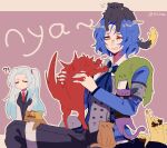  !? 1boy 1girl angela_(project_moon) animal animal_on_head animal_on_shoulder animalization ascot binah_(project_moon) black_cat black_pants black_vest blue_ascot blue_coat blue_hair blue_nails breasts brown_cat cat cat_on_head cat_on_shoulder chesed_(project_moon) chinese_commentary closed_eyes closed_mouth coat collared_shirt commentary_request er_hea gebura_(project_moon) green_cat grey_vest highres hod_(project_moon) hokma_(project_moon) holding holding_animal holding_cat lab_coat light_blue_hair lobotomy_corporation long_hair long_sleeves malkuth_(project_moon) netzach_(project_moon) on_head one_eye_closed open_clothes open_coat pants parted_bangs pen_in_mouth project_moon purple_cat red_cat scratches shirt short_hair side_ponytail small_breasts tiphereth_a_(project_moon) tiphereth_b_(project_moon) vest white_shirt yellow_cat yellow_eyes yesod_(project_moon) 
