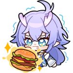  1girl ahoge bailu_(honkai:_star_rail) blush burger chibi chinese_clothes english_commentary food honkai:_star_rail honkai_(series) horns hungry long_hair looking_at_food official_art pointy_ears saliva solo transparent_background trembling 