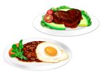  food food_focus food_request fried_egg hamburger_steak heart leaf no_humans original plate sauce simple_background still_life tokie_(tokie-mizu) tomato white_background 