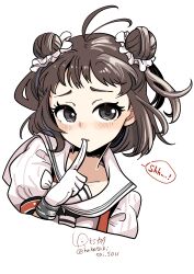  1girl absurdres antenna_hair commentary_request double_bun gloves grey_eyes hair_bun highres idol kantai_collection looking_at_viewer lr_hijikata medium_hair naka_(kancolle) naka_kai_ni_(kancolle) school_uniform serafuku solo upper_body white_gloves 