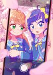  2girls :o ahoge arm_grab blue_eyes blue_hair blue_jacket blue_skirt blurry blurry_foreground bow cellphone cherry_blossoms chinese_commentary closed_mouth commentary_request cut_bangs day depth_of_field green_eyes hair_bow highres hirogaru_sky!_precure holding holding_phone jacket long_sleeves moyuyu multiple_girls neck_ribbon nijigaoka_mashiro open_mouth outdoors petals phone phone_screen pink_hair pov precure ribbon school_uniform selfie side_ponytail single_sidelock skirt smartphone smile sora_harewataru sorashido_academy_school_uniform tree yellow_bow yellow_ribbon 