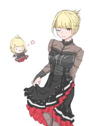  1girl antares_rui bang_dream! bang_dream!_it's_mygo!!!!! black_dress blonde_hair character_doll commentary_request doll dress eyeshadow highres holding_own_dress long_sleeves makeup misumi_uika mole mole_above_mouth one_eye_closed open_mouth real_life sasaki_rico_(voice_actor) short_hair simple_background voice_actor voice_actor_connection white_background yellow_eyes 