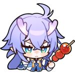  1girl ahoge bailu_(honkai:_star_rail) blue_hair chibi chinese_clothes closed_mouth english_commentary food holding holding_food holding_stick honkai:_star_rail honkai_(series) horns long_hair official_art pointy_ears solo stick transparent_background upper_body v-shaped_eyebrows 
