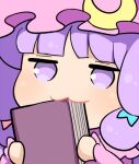  1girl :3 biting blunt_bangs blush book chibi commentary_request crescent crescent_hat_ornament hat hat_ornament hospital_king long_hair medium_bangs mob_cap patchouli_knowledge pink_headwear profile purple_hair solo touhou violet_eyes 