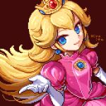  1girl artist_name blonde_hair blue_eyes blue_gemstone closed_mouth commentary_request crown dress earrings elbow_gloves floating_hair gem gloves hair_between_eyes hand_up hiroita jewelry long_hair looking_at_viewer lowres mini_crown pink_dress pixel_art princess_peach puffy_short_sleeves puffy_sleeves red_background red_gemstone short_sleeves sidelocks simple_background smile solo sphere_earrings super_mario_bros. upper_body white_gloves 
