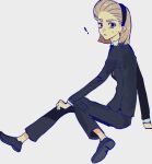  ! 1girl black_pants black_suit blonde_hair formal full_body hair_slicked_back hand_on_ground hunter_x_hunter looking_at_viewer maqimaqi0113 pants short_hair simple_background sitting solo suit sweatdrop theta_(hunter_x_hunter) white_background 