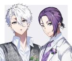  2boys 58hrprtr black_eyes black_vest blue_lock closed_mouth collared_shirt flower formal jacket looking_at_viewer male_focus mikage_reo multiple_boys nagi_seishirou open_mouth purple_hair shirt short_hair short_ponytail smile suit upper_body vest white_background white_hair white_jacket white_shirt white_suit 