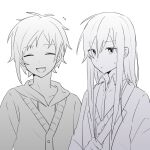  1boy 1girl :d ^_^ bag buttons cardigan closed_eyes closed_mouth collarbone collared_shirt commentary_request drawstring expressionless facing_viewer gradient_clothes greyscale hair_between_eyes hair_over_one_eye highres holding holding_strap hood hood_down hoodie kagerou_project kano_shuuya kido_tsubomi koyon layered_clothes long_bangs long_hair looking_away monochrome open_collar open_mouth shirt short_hair sidelocks simple_background smile straight_hair sweat teeth tsurime upper_body upper_teeth_only v-neck 