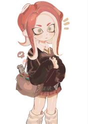  1girl bag closed_mouth green_eyes highres holding long_hair looking_at_viewer medium_hair octoling octoling_girl octoling_player_character school_uniform shirt simple_background skirt solo splatoon_(series) suction_cups tentacle_hair usa37107692 