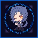  1boy animal_ears ascot black_pants blue_ascot blue_coat blue_hair bright_pupils chesed_(project_moon) chibi chinese_commentary coat collared_shirt commentary_request cup dog_boy dog_ears dog_tail er_hea grey_vest hand_in_pocket holding holding_cup kemonomimi_mode lobotomy_corporation long_sleeves male_focus mug one_eye_closed open_clothes open_coat open_mouth pants parted_bangs project_moon shirt short_hair smile solo tail vest white_pupils white_shirt yellow_eyes 
