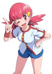  1girl blue_shorts blush breasts commentary_request hair_ornament hairclip leaning_forward looking_at_viewer medium_breasts one_eye_closed oooise open_mouth pink_eyes pink_hair pokemon pokemon_heartgold_and_soulsilver shirt short_sleeves shorts smile solo twintails white_shirt whitney_(pokemon) 