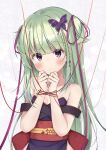  1girl bare_shoulders bell blunt_bangs blush bound bound_wrists breasts butterfly_hair_ornament clenched_hands closed_mouth collarbone commentary dress eyelashes eyes_visible_through_hair frown green_hair hair_bell hair_ornament hair_ribbon hands_up head_tilt highres hime_cut long_hair looking_at_viewer murasame_(senren) purple_dress purple_ribbon red_eyes red_ribbon ribbon senren_banka simple_background sleeveless sleeveless_dress small_breasts solo straight_hair two_side_up upper_body upturned_eyes very_long_hair white_background yosh1na 