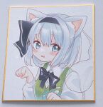  1girl animal_ears black_hairband cat_ears clenched_hands commentary ghost grey_eyes grey_hair hairband highres konpaku_youmu konpaku_youmu_(ghost) looking_at_viewer moni_monico open_mouth short_hair solo touhou traditional_media 