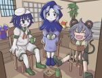  3girls anchor_symbol animal_ears black_eyes blue_dress blue_hair blue_hood blush boots chair chocolate closed_eyes closed_mouth colored_skin commentary_request cookie_(touhou) cup drddrddo dress flour flour_(cookie) full_body green_footwear grey_hair grey_skirt grey_vest hair_between_eyes hat hood hood_up indoors kumoi_ichirin long_bangs looking_at_another medium_bangs milk_(cookie) milk_carton mouse_ears mouse_girl mouse_tail multiple_girls murasa_minamitsu nazrin nyon_(cookie) open_mouth sailor_hat shirt short_hair shorts sitting sitting_backwards skirt skirt_set smile tail touhou vest white_headwear white_shirt white_shorts white_skin window yunomi 