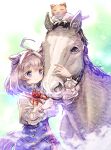  1girl ahoge animal_ears brown_hair cat commentary_request creature_and_personification ear_ribbon flower hair_between_eyes hairband highres horse horse_ears horse_girl horse_tail medium_hair medium_request meisho_doto_(racehorse) meisho_doto_(umamusume) meto_(cat) neck_flower pink_hairband purple_ribbon real_life red_flower red_rose ribbon rose tail umamusume usapenpen2019 violet_eyes wrist_cuffs 