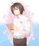  1boy ahoge belt book breast_pocket brown_hair brown_pants buttons cherry_blossoms collarbone collared_shirt facial_hair falling_petals fingernails flower_in_pocket gradient_background hair_between_eyes holding holding_book kenji_(pop&#039;n_music) male_focus open_book pants petals pocket pop&#039;n_music shirt short_hair short_sleeves solo stubble white_belt white_shirt yokunaiiii 