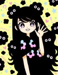  ! 1girl :d ? black_dress black_hair blending blush_stickers bright_pupils commentary_request cowboy_shot creature dot_nose dress floral_print from_side garouma grin hand_up heart highres long_hair looking_at_viewer looking_to_the_side motion_lines original pink_eyes print_dress romaji_text short_sleeves signature smile solo star_(symbol) very_long_hair waving wavy_hair white_pupils yellow_background 