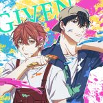  2boys bishounen black_hair closed_mouth english_text given grey_headwear highres jumpsuit light_smile looking_at_viewer male_focus mi_muuuu multicolored_background multiple_boys paint_splatter paint_splatter_on_face paintbrush painting_(action) red_eyes red_jumpsuit redhead satou_mafuyu shirt uenoyama_ritsuka white_shirt 